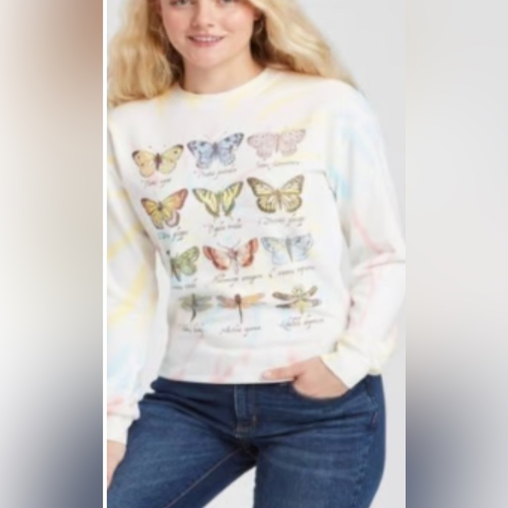 Freeze Pastel Colored Tie Dye Butterfly Printed Boho Crewneck Sweatshirt Small